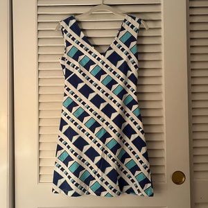 MAHI GOLD Blue and White Geometric Dress